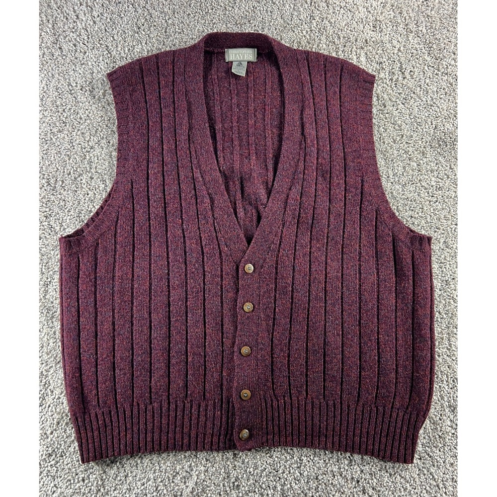 Vintage Christopher Hayes Mens Burgundy Shetland Wool Ribbed Sweater Vest Large
